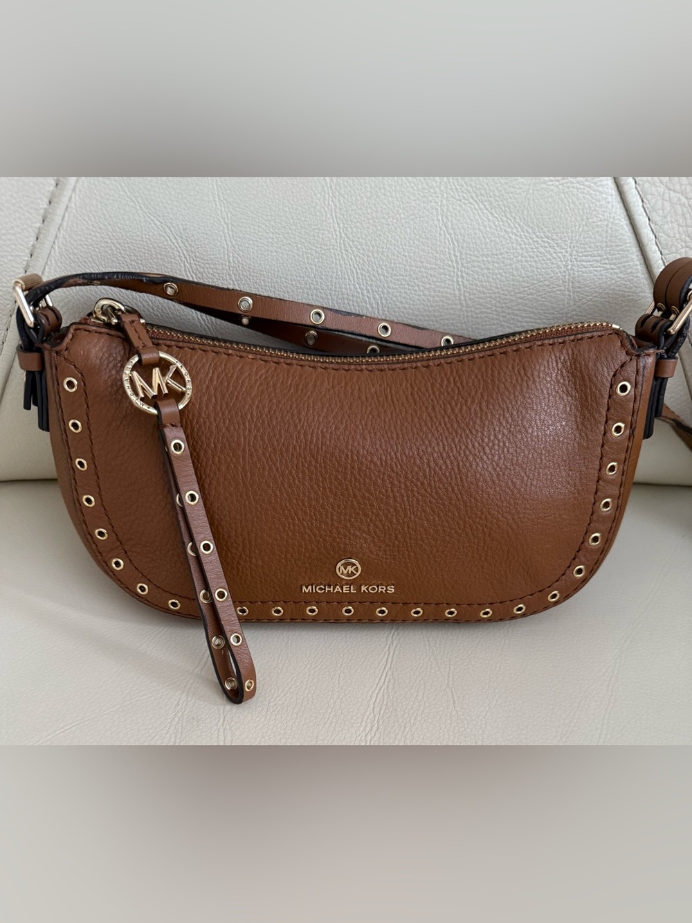 Michael Kors Brown Leather large Wristlet with Stud Accent